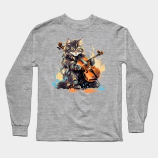 Maine Coon Cat Playing Violin Long Sleeve T-Shirt